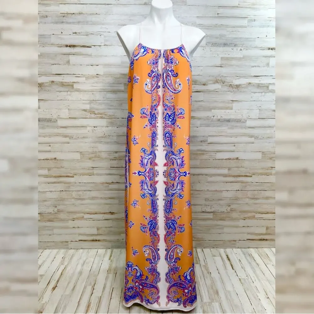 Clover Canyon Halter Scarf Maxi Dress Size S Mustard Gold Blue Sleeveless - Picture 2 of 14